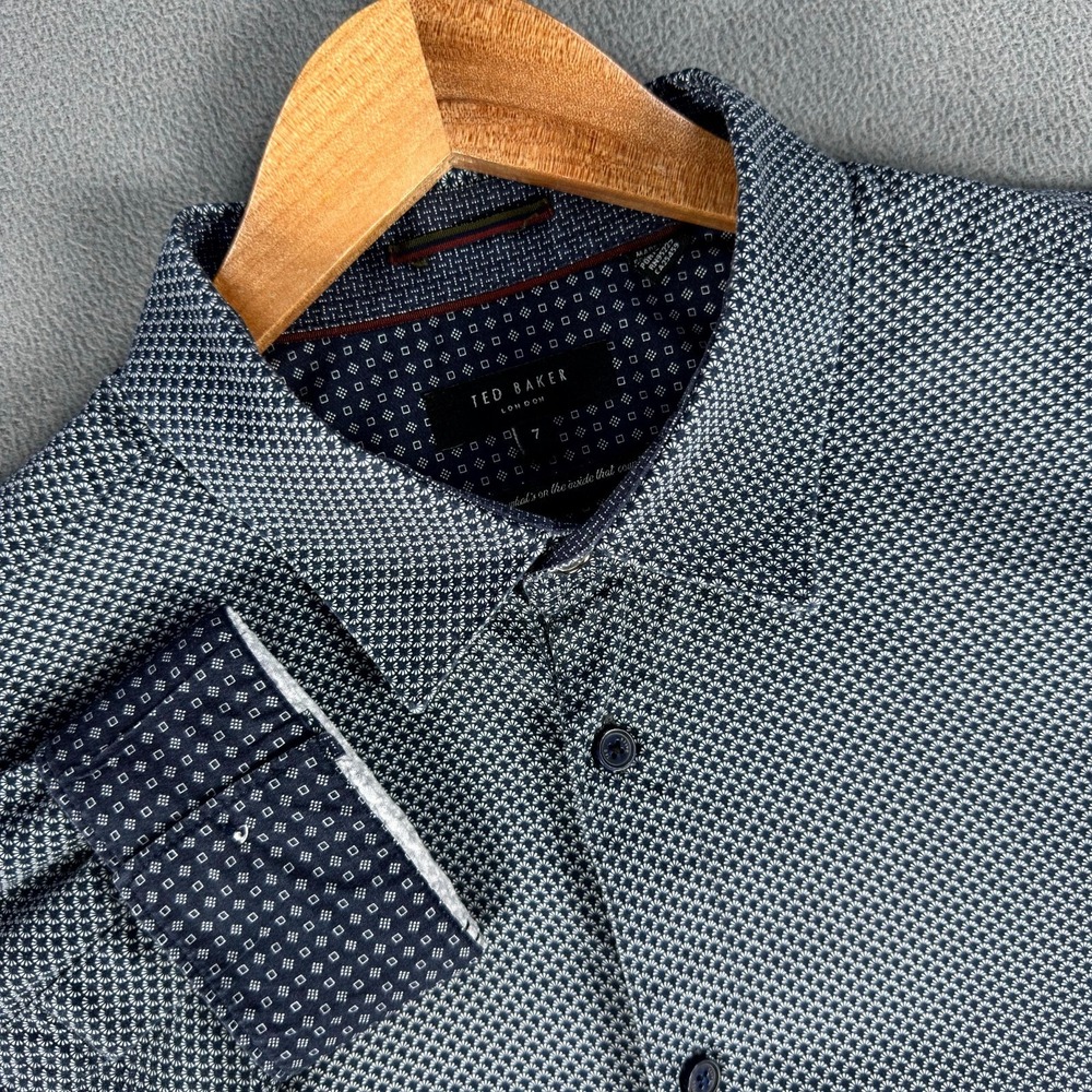 Ted Baker Shirt Mens 7 Navy Blue White Geometric Flip Cuff Quiet Luxury Dress